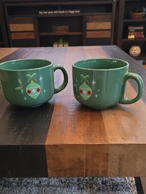 Festive Green Ceramic Ornament Mugs, Set of 2